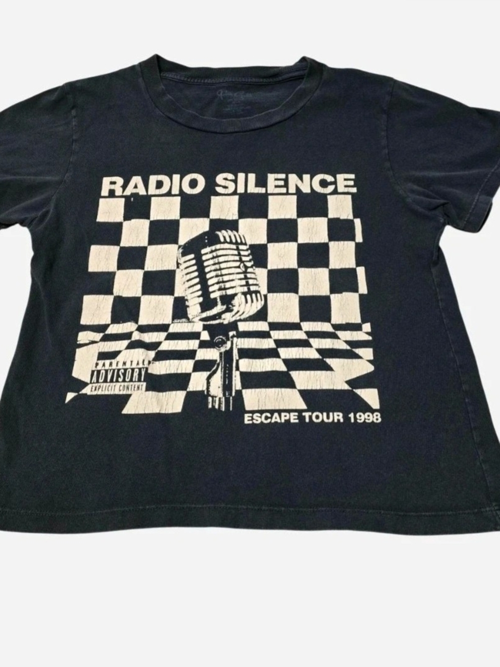 Brandy Melville Navy Tee with Cream Radio Silence Graphic